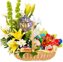 Basket of Mixed Flowers and Chocolates