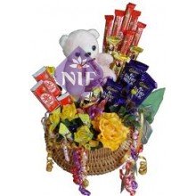 Basket with Chocolates Teddy and Flowers