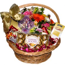 Basket of Mixed Flowers and Chocolates